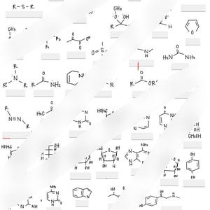Könnte beinhalten: Ein handgezeichnetes Diagramm verschiedener chemischer Strukturen, darunter organische Moleküle und funktionelle Gruppen. Das Diagramm enthält Beschriftungen für verschiedene chemische Bindungen und funktionelle Gruppen, wie z. B. R-CEN, R-S-R und O=S. Das Diagramm ist mit schwarzer Tinte auf weißem Papier gezeichnet.