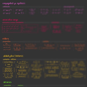 Può includere: Un diagramma in bianco e nero con testo scritto a mano che spiega le reazioni chimiche. Il diagramma include i termini "formazione di epossido", "sistemi pi coniugati", "anelli aromatici", "esteri", "aldeidi/chetoni" e "ammine".