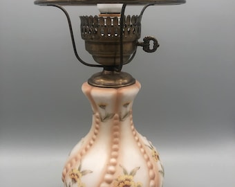 Vintage Milk Glass Hurricane Lamp - Hand Painted Floral Design - Gone With The Wind Style Parlor Lamp - Melon Ribbed Glass - 3-Way Lighting