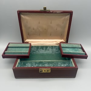 Vintage Mele Jewelry Box 1950s 1960s - Two-Tiered Mid Century Jewelry Organizer, Burgundy Leatherette with Teal Velvet Lining & Satin inside