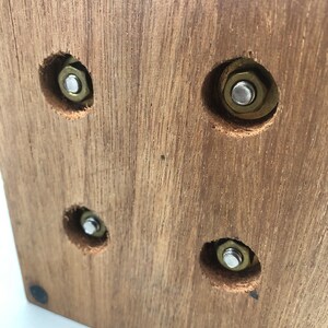 May include: Close-up of a wooden box with four brass screws. The screws are set into the wood and have a hexagonal head.