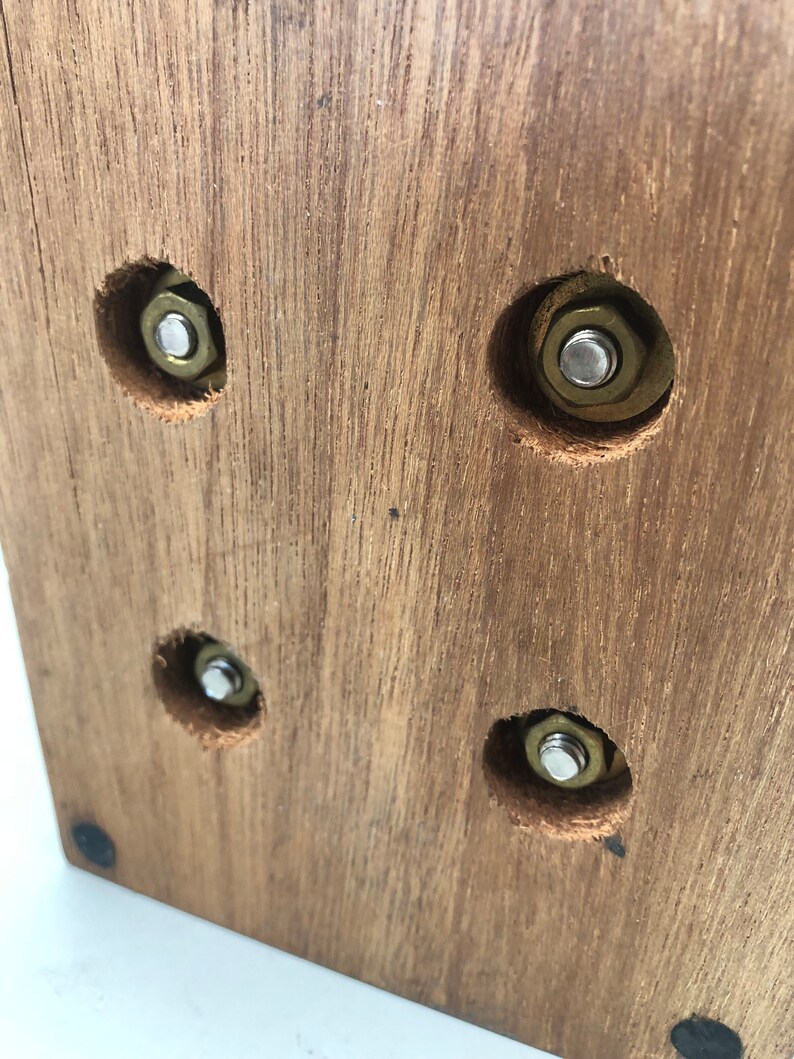May include: Close-up of a wooden box with four brass screws. The screws are set into the wood and have a hexagonal head.