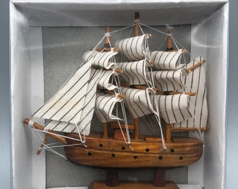 Handcrafted Wooden Sailboat Model - Miniature Nautical Ship Decor - Vintage Coastal Sailing Boat Ornament