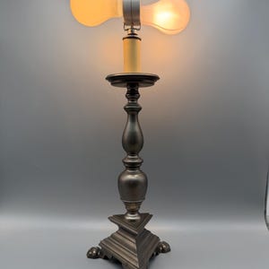 Vintage Stiffel Antique Brass Double Light Candlestick Table Lamp with Green Shade