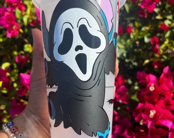 Personalized Cute and spooky Stitch in a Ghostface Costume Starbucks Cup