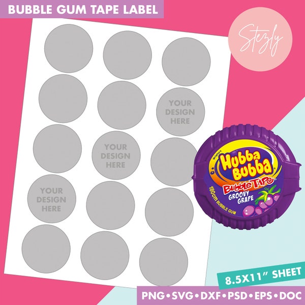 Bubble Gum Tape Template, Bubble Gum Tape Label, Microsoft word Doc, Psd, Png, Svg, Eps, Dxf, Formats, 8.5x11" sheet, Blank template