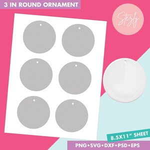 Pode incluir: Modelo imprim&iacute;vel para seis ornamentos redondos de 7,6 cm. O modelo est&aacute; em uma folha de papel branca com fundo cinza. O modelo &eacute; para uma folha de papel de 21,6 x 27,9 cm. O modelo inclui o texto "3 IN ROUND ORNAMENT" e "8.5X11" SHEET".