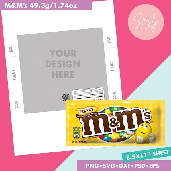 M&M's 1.74oz 49.3g Blank Wrapper Template with Nutritional Facts, Sticker Label, Psd, Png, Svg, Dxf, Eps Files