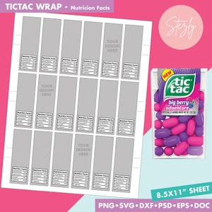 Tictac Wrap Template, Microsoft word Doc, Psd, Png, Svg, Dxf, Eps Formats, 8.5x11" sheet, Nutrition Facts, Blank Template, Candy Template