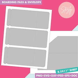 Cartão de embarque com modelo de envelope, modelo de convite de companhia aérea, cartão de embarque DIY, word doc, formatos Psd, Png, Eps, Svg, Dxf