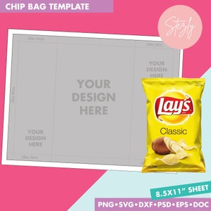 May include: A printable chip bag template with a gray background and the text "YOUR DESIGN HERE" in the center. The template includes glue areas for assembly. The template is shown with a mock-up of a Lay's Classic potato chip bag.
