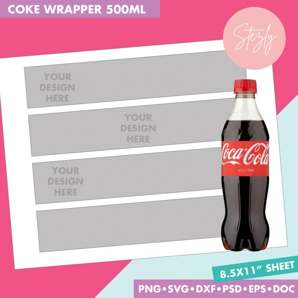 Coke 500ml  label Template, Blank template, PSD, PNG, Microsoft Word Doc Formats, 8.5x11" sheet, Custom Coke wrap 500ml, Coke label files