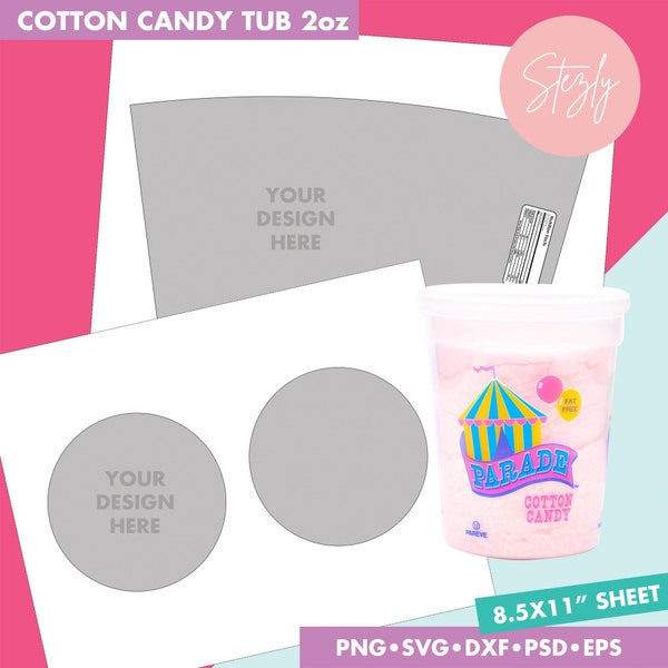 2oz Cotton candy tub label Template, Cotton Candy tub wrapper template, Svg, Dxf, Png, Psd, Eps, 8.5"x11" sheet, Printable, Wrapper