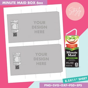 May include: Printable template for a Minute Maid juice box. The template includes two blank boxes with the text "Your Design Here" and a nutrition facts label. The template also includes a Minute Maid apple juice box with the text "100% Juice, No Sugar Added".