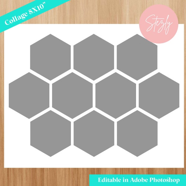 Honeycomb collage template for Photoshop, Honeycomb photo collage template, Hexagon shape photo collage, 8x10 Inches