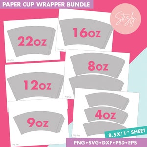 6 Größen Bundle Blanko Papier Cup Wrapper, Styropor Kaffeetasse Template, Gestalten Sie Ihr eigenes, Psd, Png, Svg, Dxf, Eps Dateien