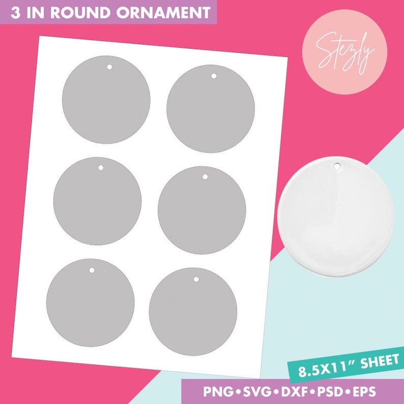 Pode incluir: Modelo imprim&iacute;vel para seis ornamentos redondos de 7,6 cm. O modelo est&aacute; em uma folha de papel branca com fundo cinza. O modelo &eacute; para uma folha de papel de 21,6 x 27,9 cm. O modelo inclui o texto "3 IN ROUND ORNAMENT" e "8.5X11" SHEET".