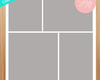 May include: A collage template with four white-bordered photo frames on a woodgrain background. The template is 12 inches by 12 inches and is editable in Adobe Photoshop. The text "Stezly" is in a pink circle in the upper right corner.