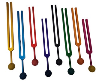 Tuning Fork Chakra set Colored unweighted | Set of 8 Includes Soul Purpose | WIth Rubber Balls & Mallet Includes Velvet pouch