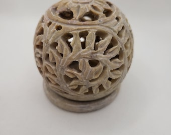 Handmade Soapstone Tealight Candle Holder Sphere Shaped with Intricate Tendril Openwork