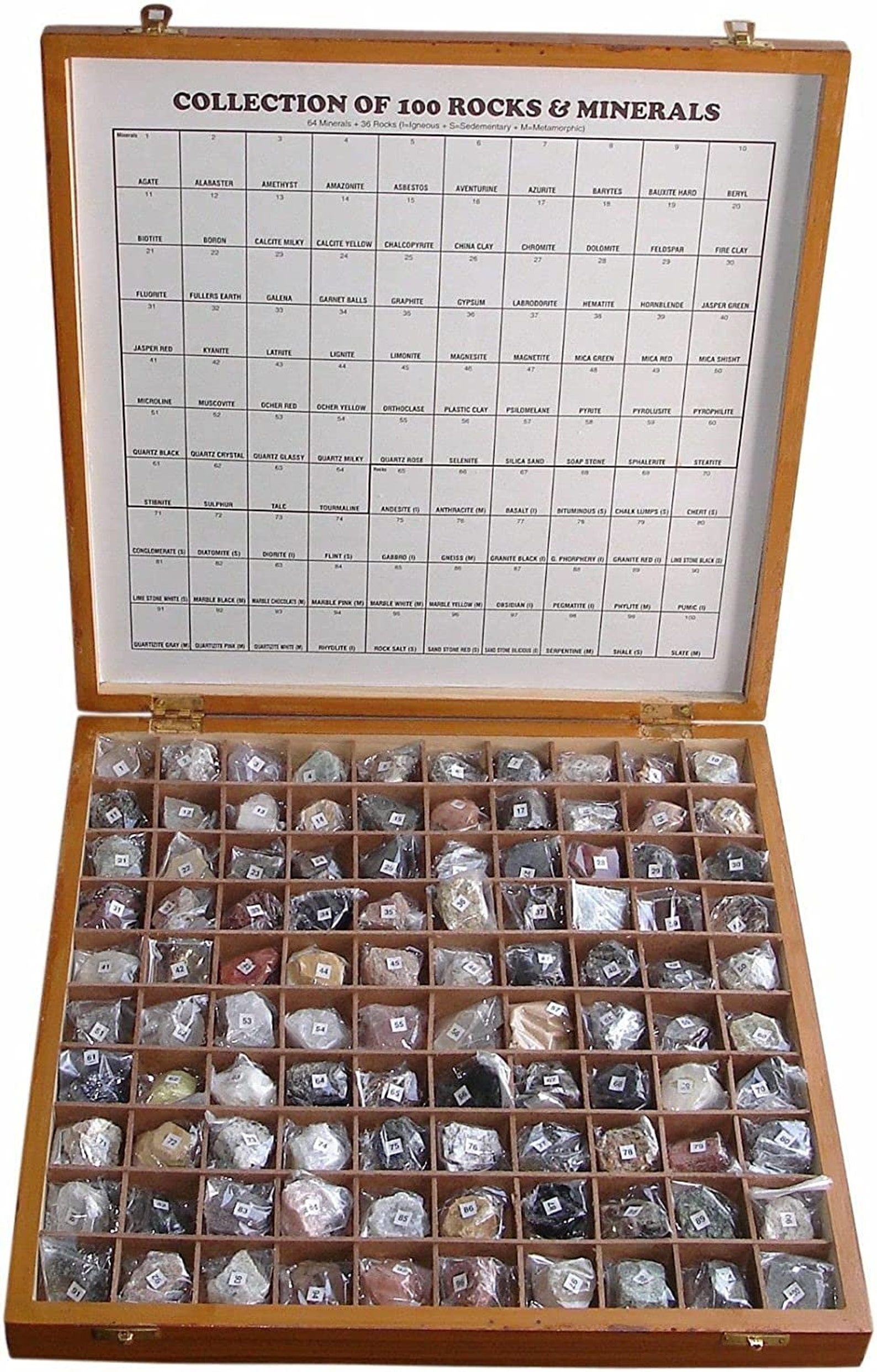 100 Rare Rocks & Minerals Collection Kit - Educational Geology Specimens In Wooden Box