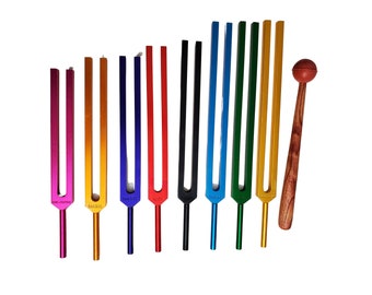 Tuning Fork Chakra Colored | Set of 8 Includes Soul Purpose | Includes Velvet pouch with Handmade Tuning Frok Mallet 22CM Long Handle