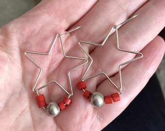 Handmade Sterling Silver 925 Large Southwest Star Red Coral Dangle Wire Earrings