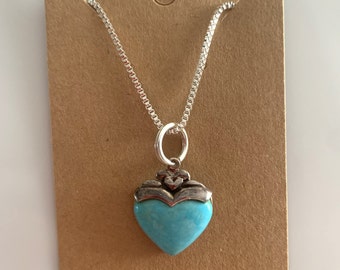 Vintage Turquoise Sterling Silver Heart Pendant Necklace 18"