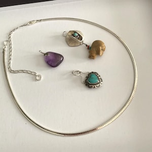 Vintage Handmade Navajo Sterling Silver Omega Turquoise (3) Pendant Necklace 925 16&quot;- 20&quot;