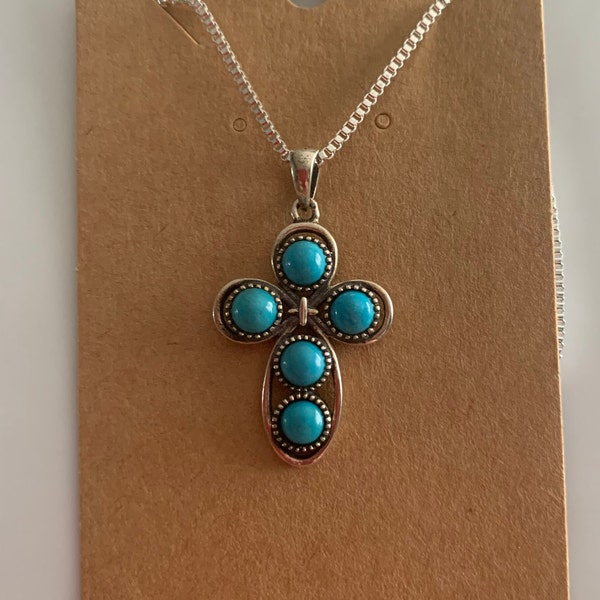 Vintage Turquoise (Native American) Sterling Silver Cross Pendant Necklace 20"