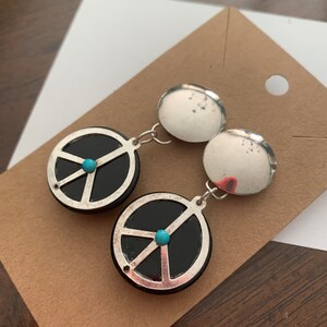 Vintage Sterling Silver Onyx and Turquoise Peace Sign Post Dangle Earrings