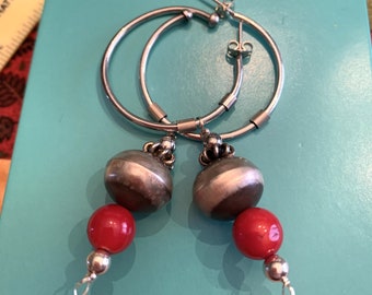 Vintage Sterling Silver 925 Old Pawn Large Navajo Pearl Red Coral Dangle Hoop Earrings