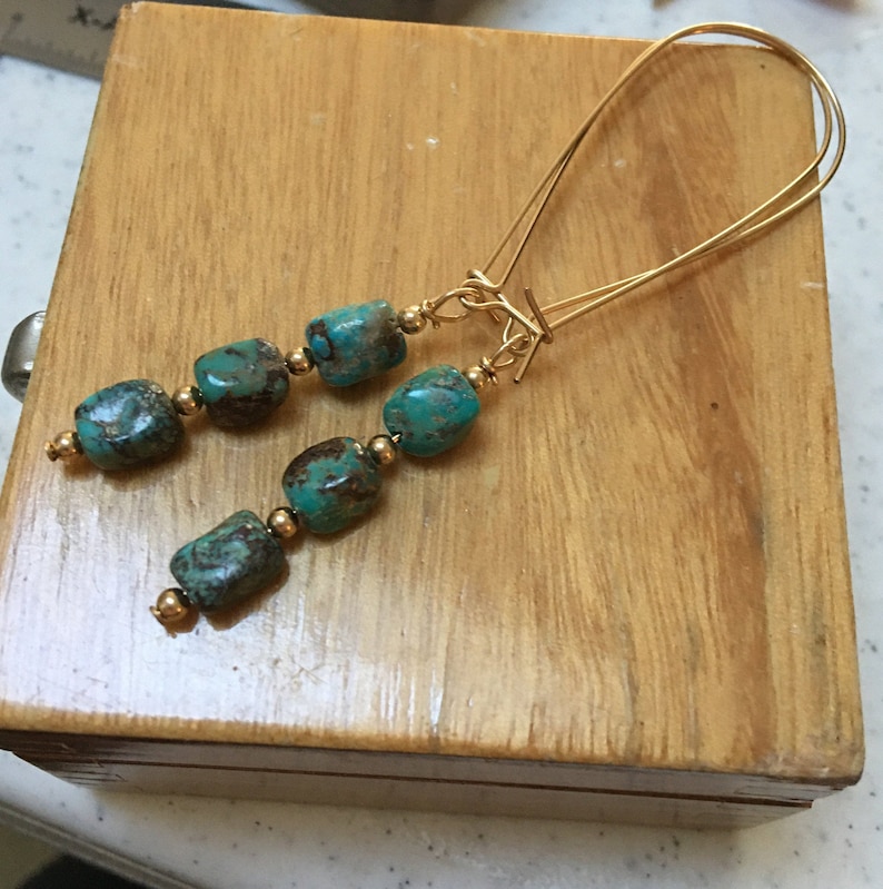 Unique Royston Turquoise Gold Filled Beaded Dangle Kidney Wire Earrings!