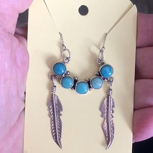 Vintage Handmade Navajo Sterling Silver / Turquoise Feather Necklace 925 16&quot;- 20&quot;