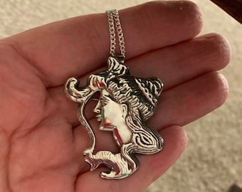 Art Nouveau Sterling Silver Pendant Necklace: Lady Profile, 20" Chain