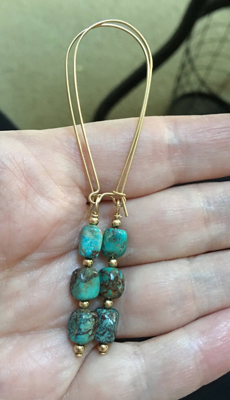 Unique Royston Turquoise Gold Filled Beaded Dangle Kidney Wire Earrings!