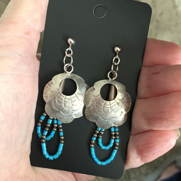 Handmade Sterling Silver Native American Concho Turquoise Beaded Dangle Post Earrings