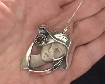 Vintage Sterling Silver  Art Deco Style Lady in Hat with Garnet Pendant Necklace 18"
