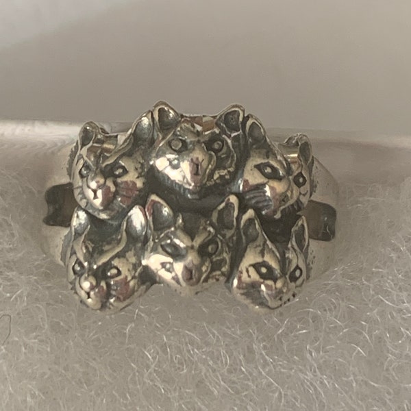 Vintage (Old Stock)  Sterling Silver Stamped Cat / Kitten  Ring  (2 Rows) Sizes Available