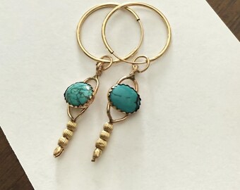 Handmade Gold Filled Turquoise Heart Wire Hoop Dangle Earrings