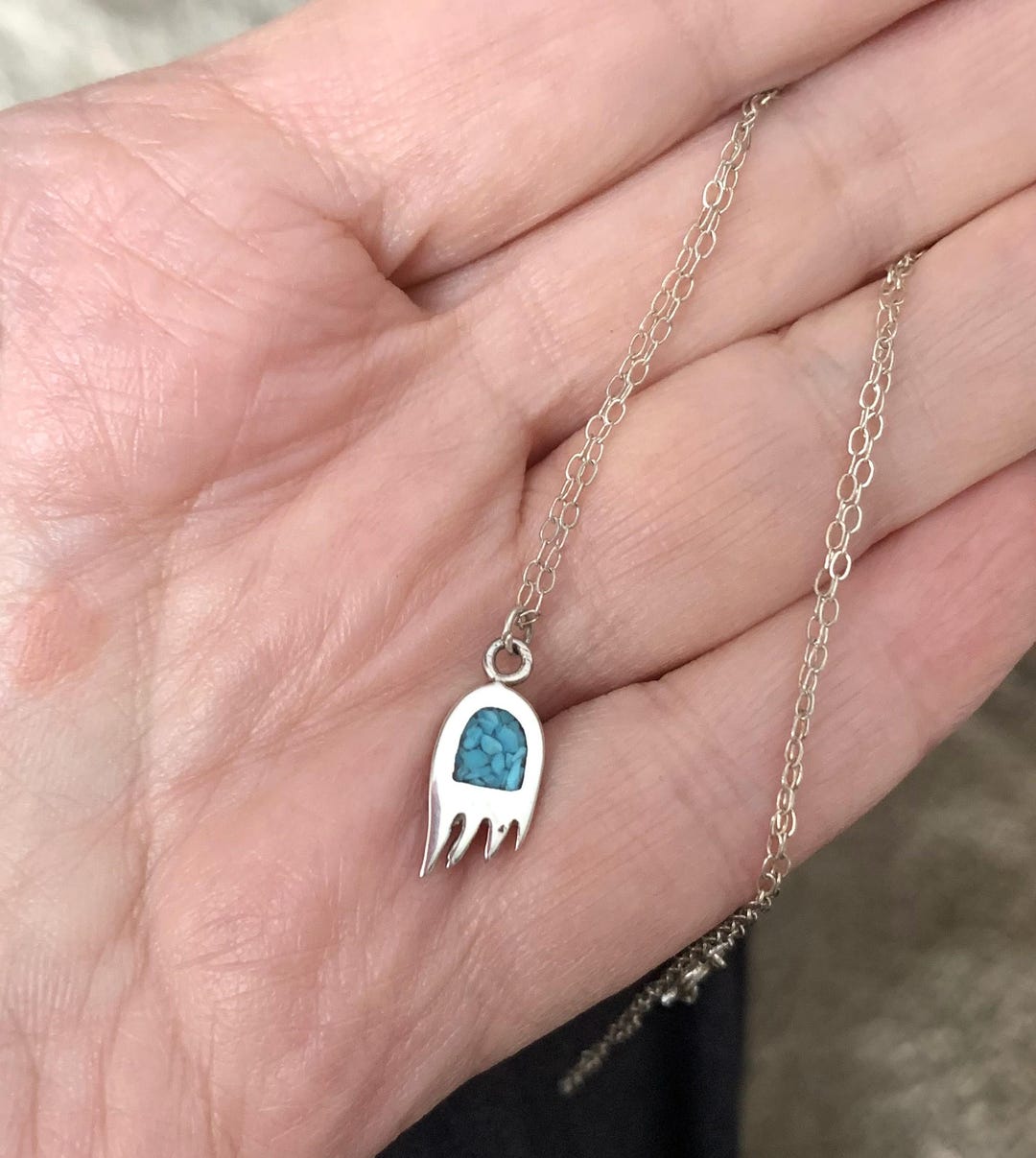 Vintage Sterling Silver 925 Turquoise Inlay Bear Paw Pendant Necklace ...