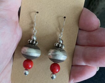 Vintage Sterling Silver 925 Large Navajo Pearl Red Coral Dangle Wire Earrings