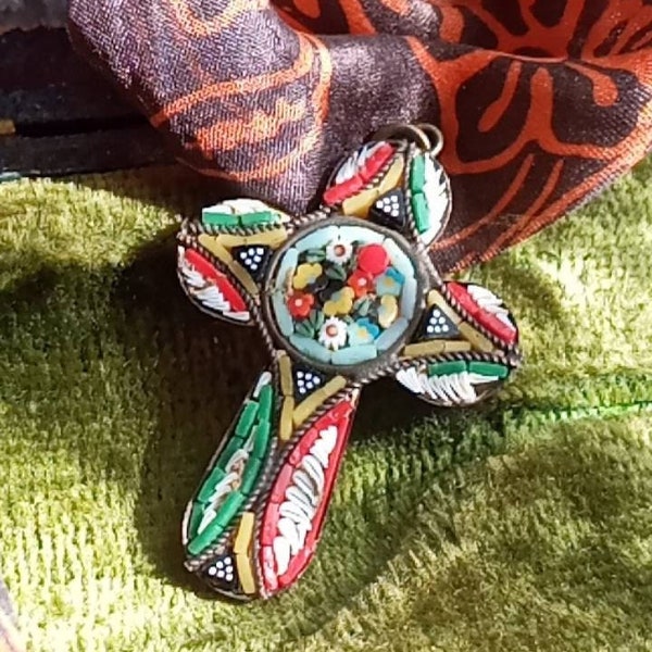 Antikes Mikromosaik Kreuz, Geschenk für Sie, Mikromosaik Kruzifix, Antikes Mikromosaik Schmuck, Geschenk für die beste Freundin, Micromosaic Kreuz, Micromosaic Kreuz