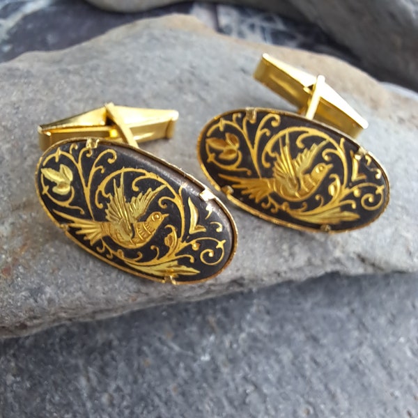 Vintage Cufflinks,Cufflinks,Gift for him,Vintage Damascene Cuff links,Boyfriend Gift, Gift for him,Vintage bird Cufflinks ,AntiqueCufflinks