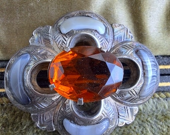 Broche Ancienne En Argent Et Agate - Bijou Vintage - état Occasion
