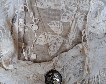 1950s Japanese Floral Pendant: Hand-painted Enamel Gold Tone