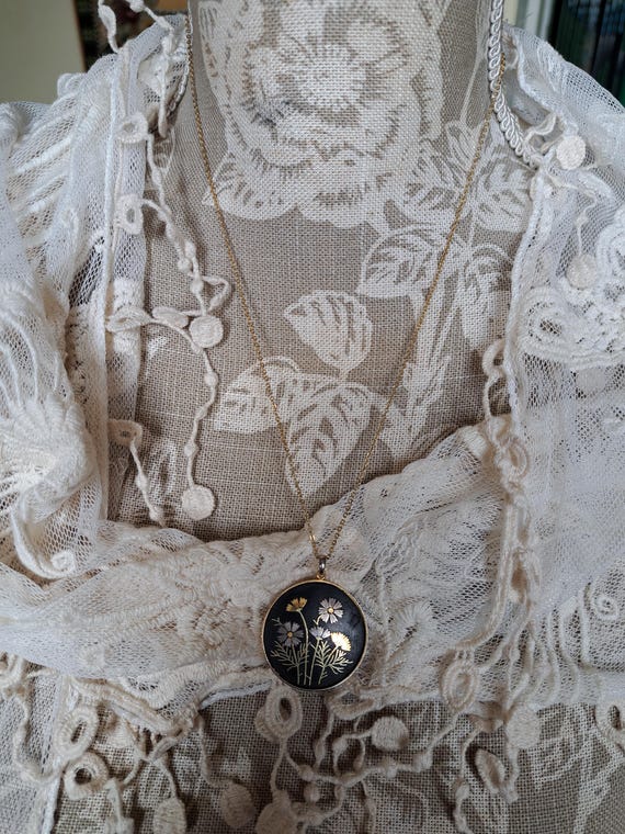 1950s Japanese Floral Pendant: Hand-painted Enamel Gold Tone