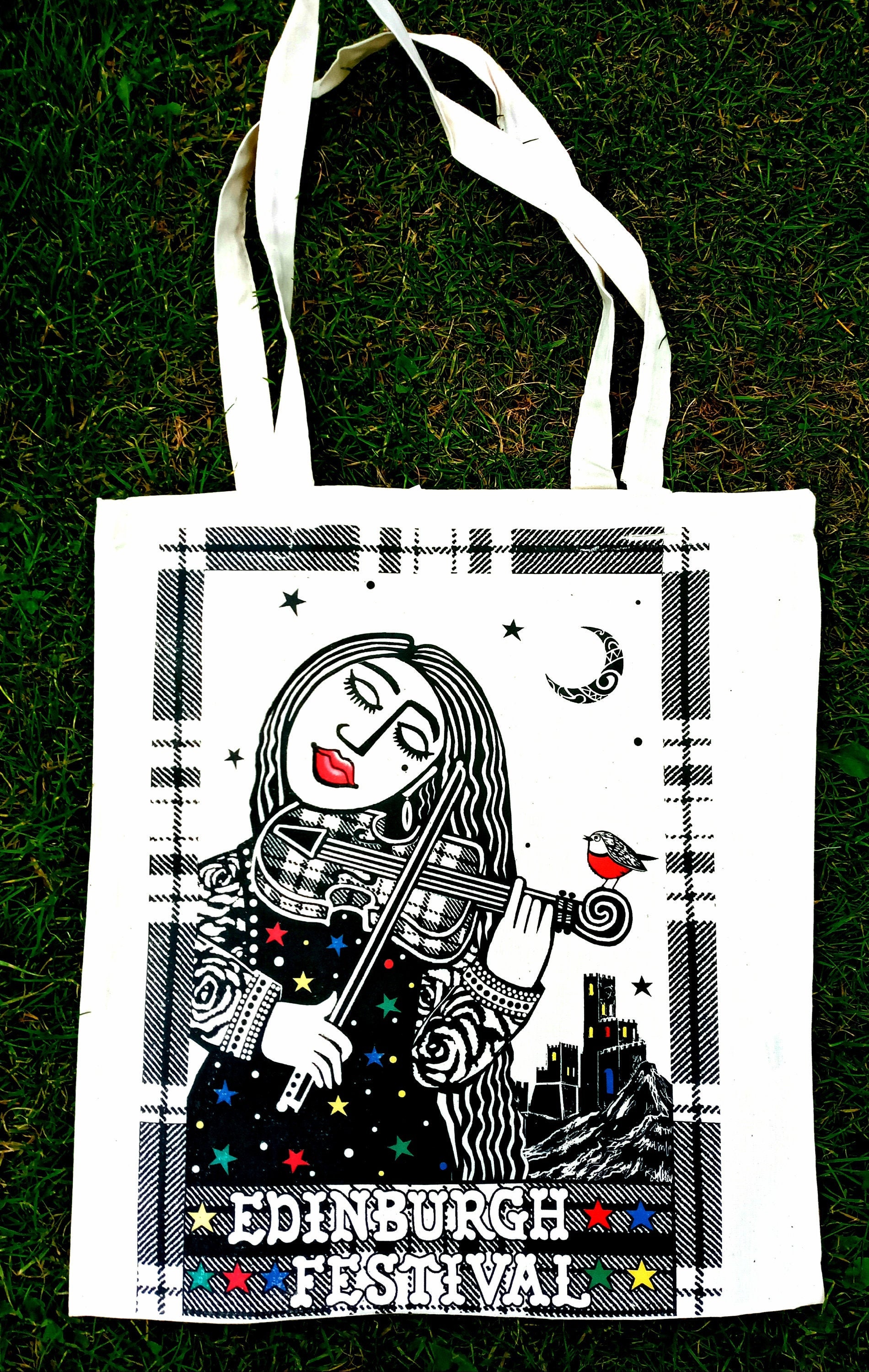 Handprinted Cotton Tote Bag: Edinburgh Violinist Design - Etsy Israel
