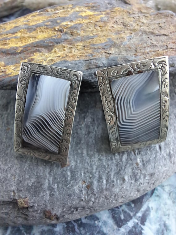 Antique Scottish Agate Sterling Silver Dress Clips: Victorian Montrose Brooch
