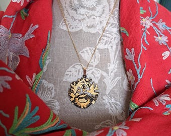 Vintage Damascene Bird Pendant: Gold Tone Toledo Spain Jewelry